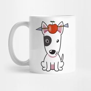 Funny Bull terrier is playing william tell with an apple and arrow Mug